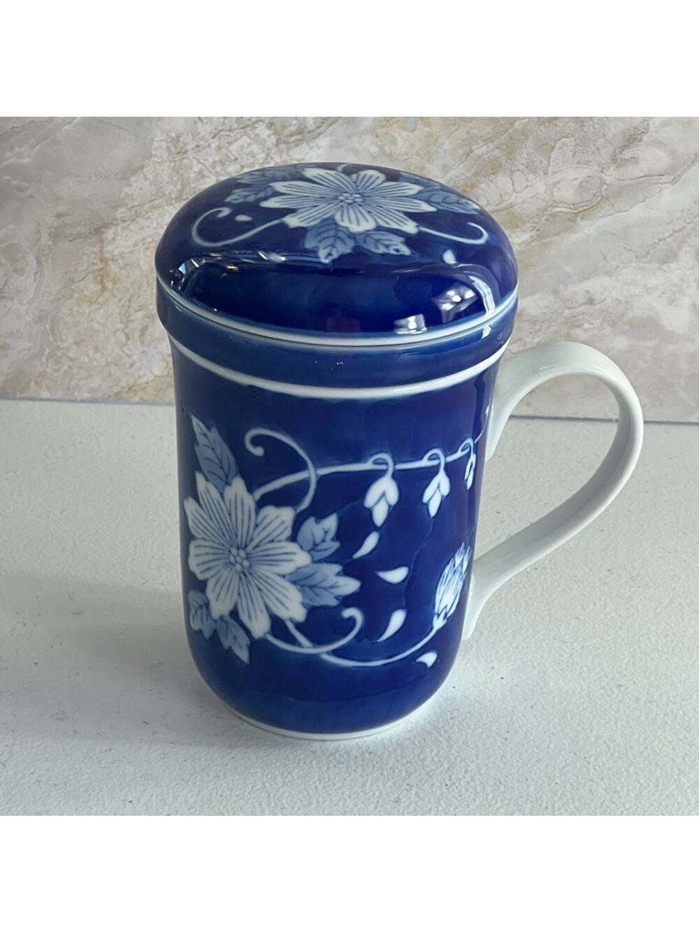 World Market Blue and White Tea Infuser With Lid 6"